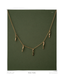 Colocho Necklace, product shot on a dark green background, a chain necklace with five elegant twisted colocho drop pendants that create volume and reflect light, solid 18k yellow gold. Tarnish-resistant and made for everyday wear — Maya & Mason handcrafted fine jewellery.