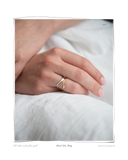 Mixed Duo Ring, close-up worn on a model's hand resting on white linen, a set of two solid 18k gold formed rings, one white gold and one yellow gold. Tarnish-resistant and made for everyday wear — Maya & Mason handcrafted fine jewellery.