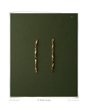 Tri Colocho Earrings, pair laid flat on a dark green background, solid 18k yellow gold twisted drop earrings with soft organic curves. Tarnish-resistant and made for everyday wear — Maya & Mason handcrafted fine jewellery.