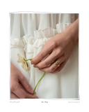 Duo Ring worn on a model's hand holding a small white flower against white fabric, a set of two solid 18k yellow gold formed rings. Tarnish-resistant and made for everyday wear — Maya & Mason handcrafted fine jewellery.