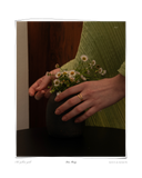Duo Ring worn on a model's hand holding a small dark vase of daisies, a set of two solid 18k yellow gold formed rings. Tarnish-resistant and made for everyday wear — Maya & Mason handcrafted fine jewellery.