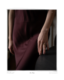 Duo Ring worn on a model's hand in a burgundy satin dress editorial shot, a set of two solid 18k yellow gold formed rings. Tarnish-resistant and made for everyday wear — Maya & Mason handcrafted fine jewellery.