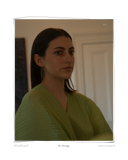 Eu Earrings, model wearing pleated olive green top with gold dangle earrings in a warm-toned indoor portrait, solid 18k yellow gold earrings. Tarnish-resistant and made for everyday wear — Maya & Mason handcrafted fine jewellery.