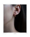 Hoops, Small worn on a model's ear, a solid 18k yellow gold small hoop earring. Tarnish-resistant and made for everyday wear — Maya & Mason handcrafted fine jewellery.