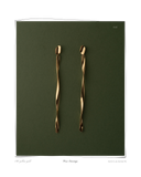 Verse Earrings, Yellow Gold, pair laid flat on a dark green background, elongated solid 18k yellow gold drop earrings. Tarnish-resistant and made for everyday wear — Maya & Mason handcrafted fine jewellery.
